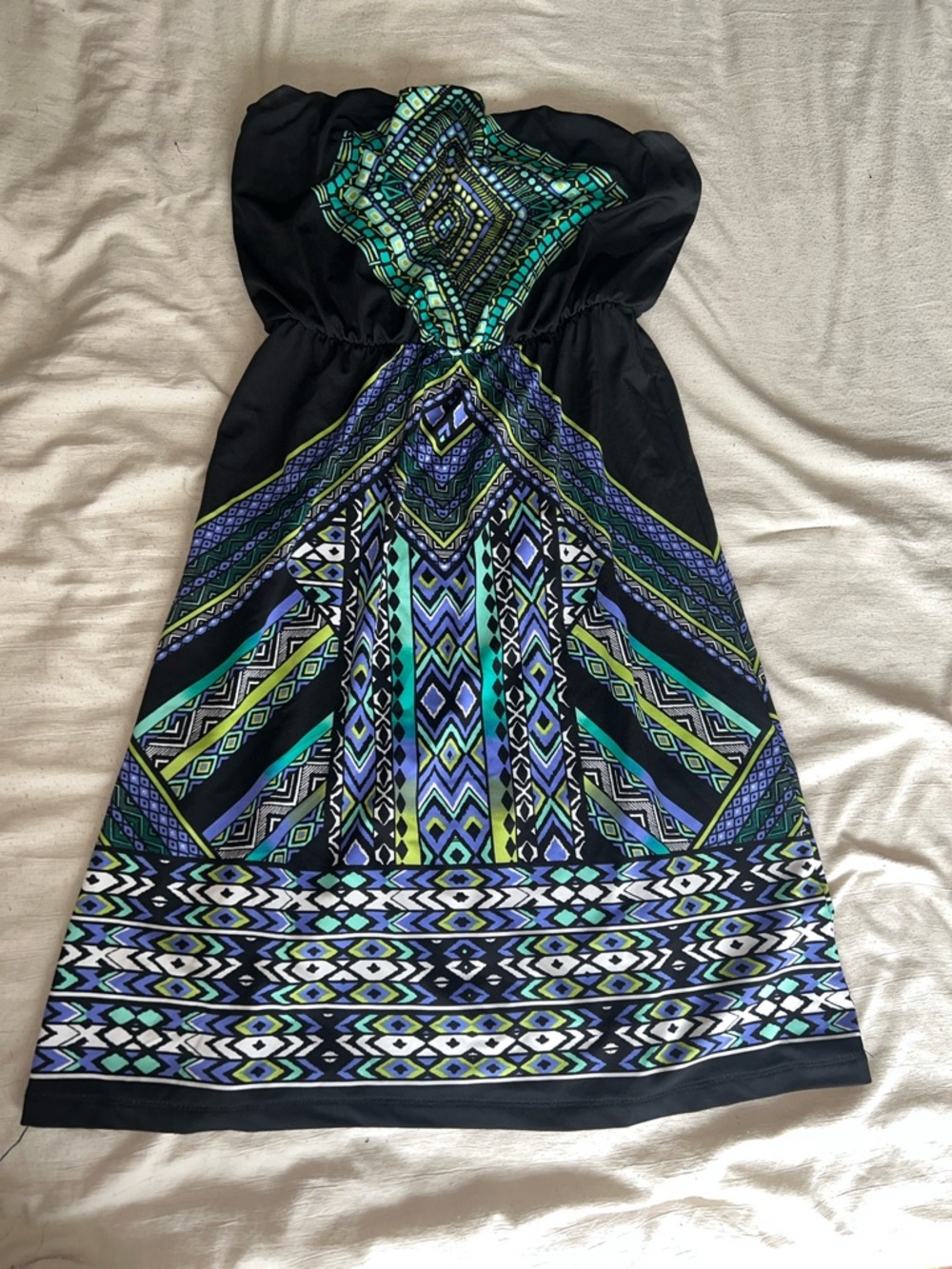 BONGO Strapless Black Dress with Blue & Green Geometric Print